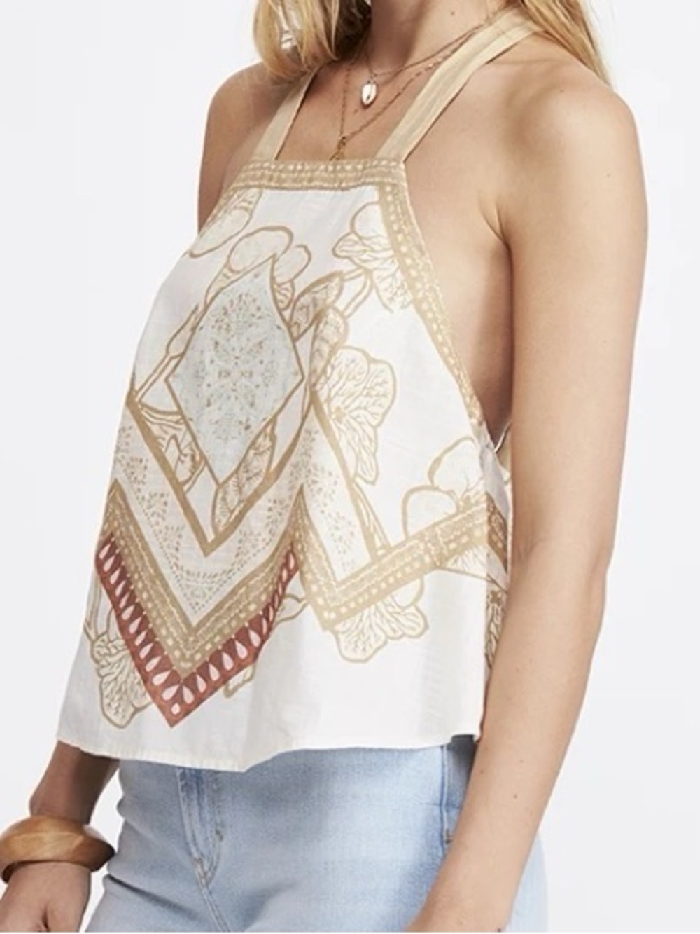 Free People cool cabana tank Cream with Olive-Gold Rust Accents 34840